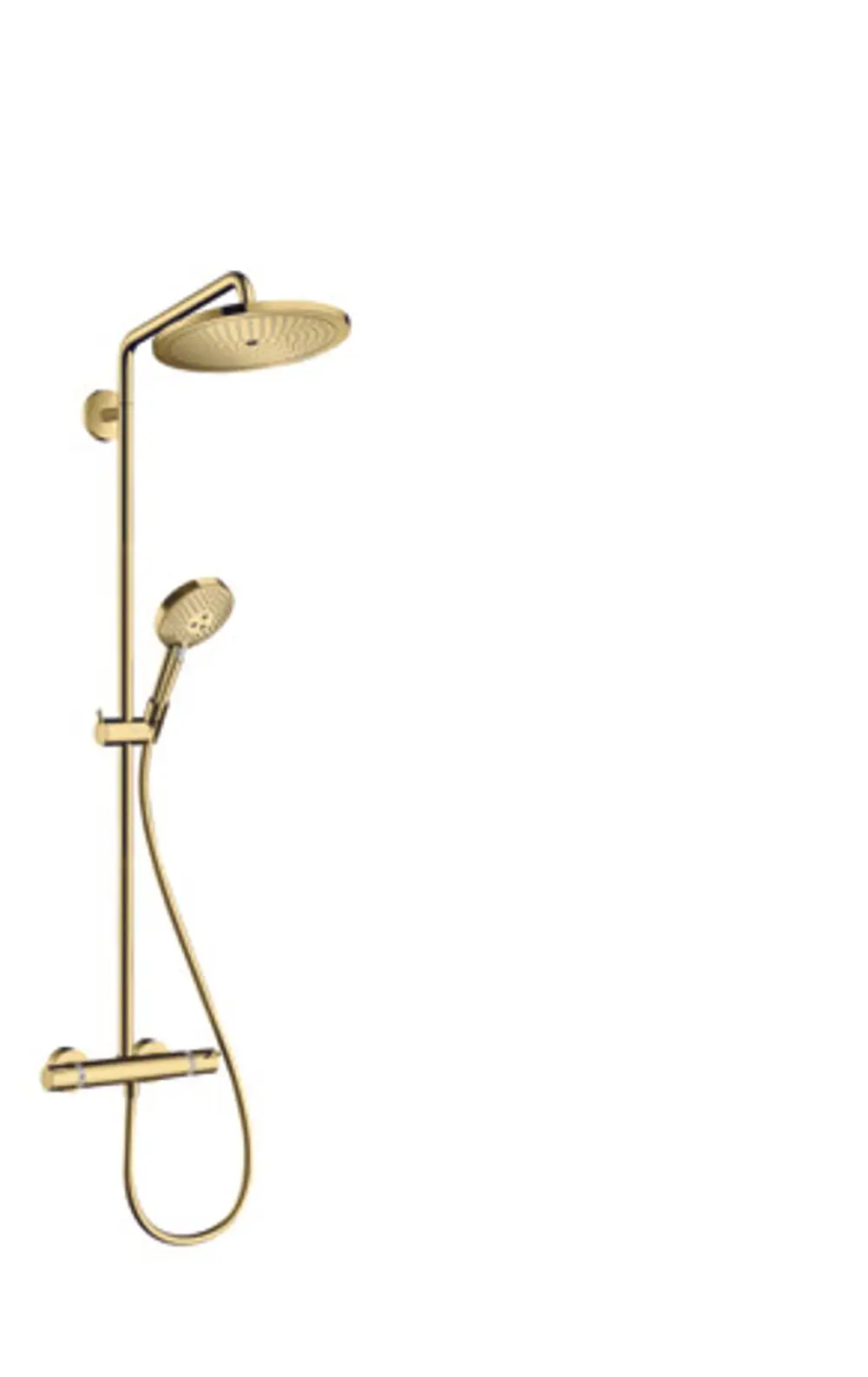 Hansgrohe Duschsystem mit Kopf- und Handbrause in poliertem Gold. Thermostatventil mit verstellbarer Handbrause und feststehendem Duschkopf.